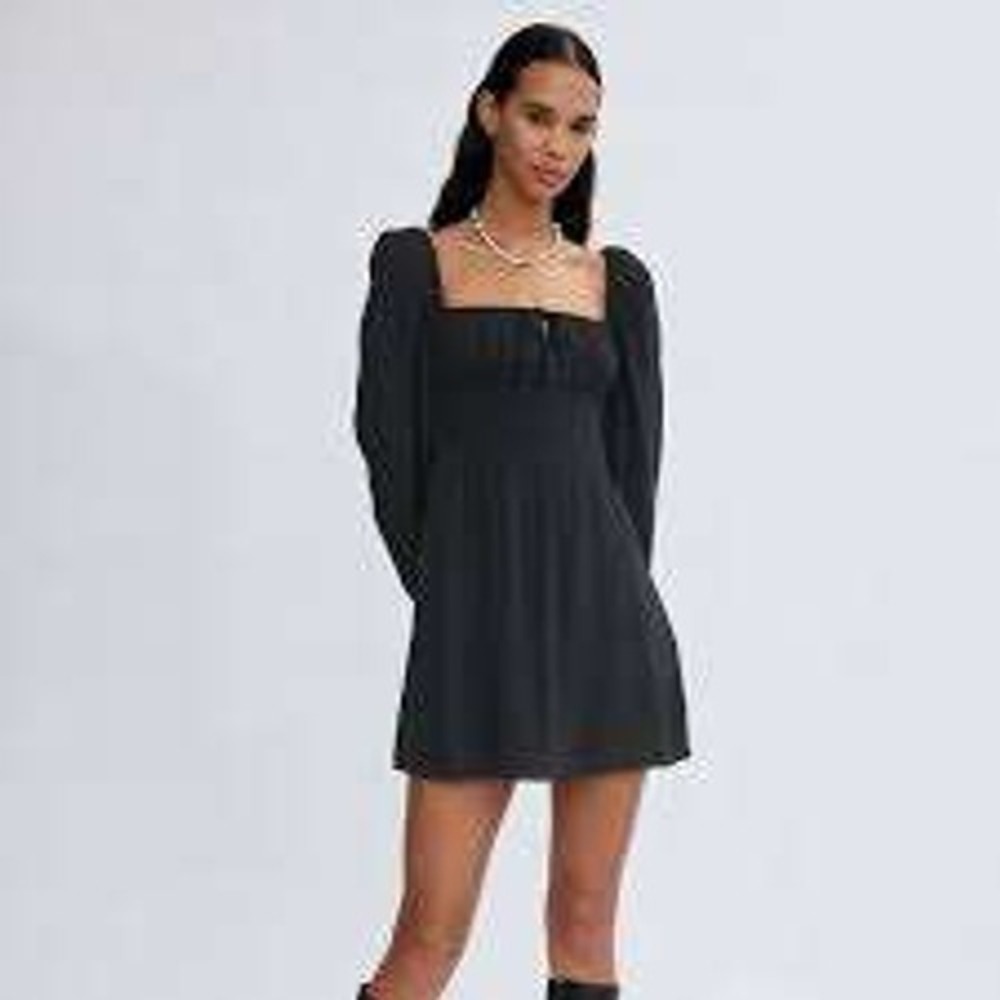 Sunday Best Mini Dress‎ Women Small Black Smocked Waist Tie Front Long Sleeve